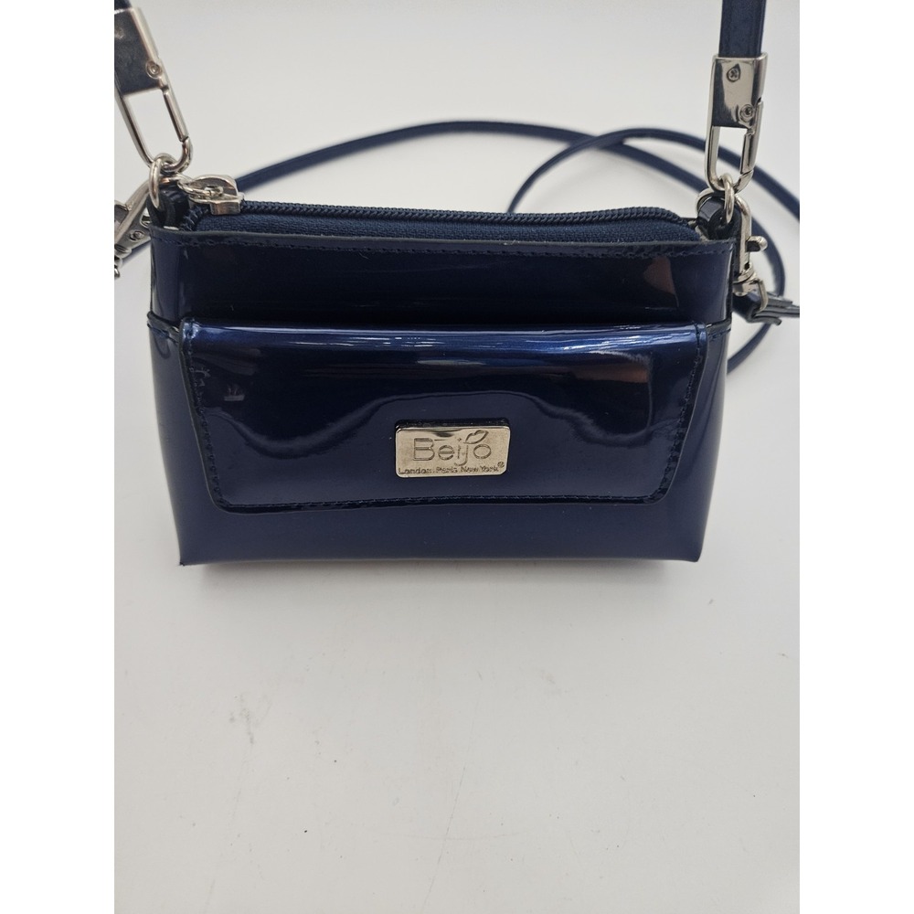 Beijo Glossy Blue Patent Leather Mini Crossbody Bag Front Snap-flap Pocket.